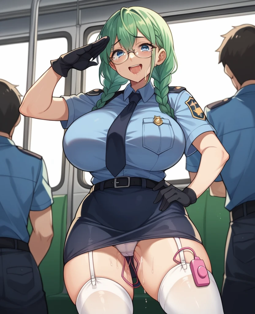 One Woman、Braided twin tails、Huge breasts、(Huge breasts:1.8)、Glasses、blue eyes、Green Hair、My hair is messy, Black gloves, White socks, Police uniform, Black Skirt, Short sleeve, Cowboy Shot, salute, Put your hands on your hips,smile,close your eyes, Tears in the eyes、Open your mouth, What saliva leaves behind, Wet skirt hem, Sticky panties, Bulging of the vibrator cord, Vibrator with Garters, Subway car interior background, In a crowded crowd,