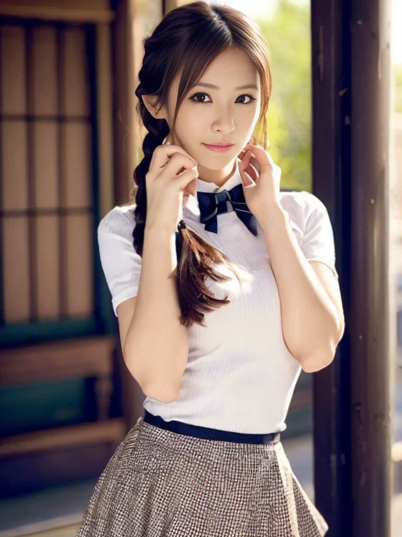 bokeh, masterpiece, analog photo, RAW, beautiful high school girl, Stewardess uniform, Light brown long hair, Light brown beautiful eyes, Blushed face, (Japanese idol:1.5), Plump breast, Stewardes, Looking at the viewer, cowboy shot, sundown Street, ((flare skirt))、((Huge fishnet stockings))、Half Twin Hair、Twin tails、Bun Hair、(Gal Makeup)、(((Zukkyun pose)))、Braid
