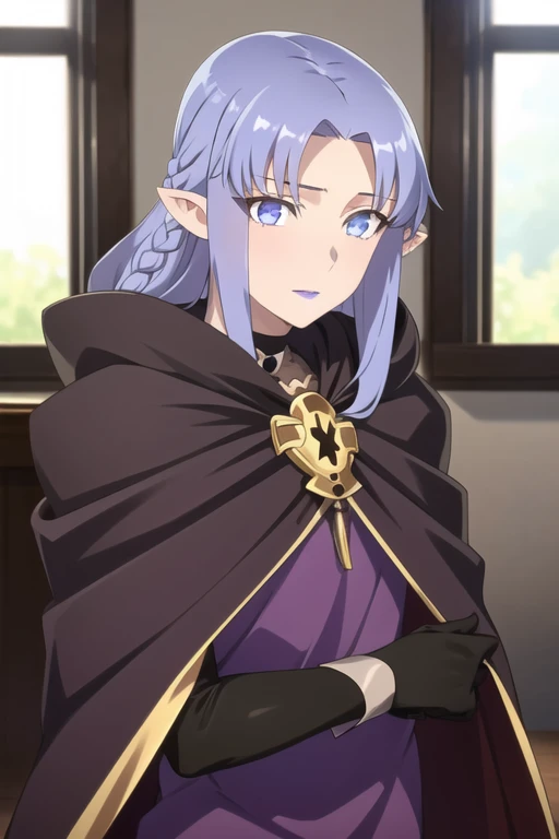 (masterpiece, sidelighting, finely detailed beautiful eyes: 1.2), glowing eyes, shiny hair, MedeaRobe, cloak, gloves, MedeaCas, blue eyes, purple lips, braid, pointy ears, room, window