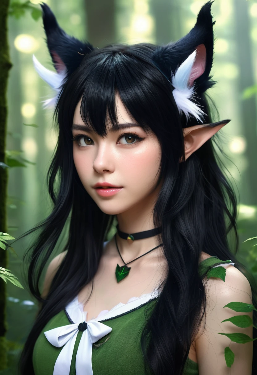Monster Girl, Cat ear,20th Generation,forest,Fairy,Realistic Women, Black Hair,cute