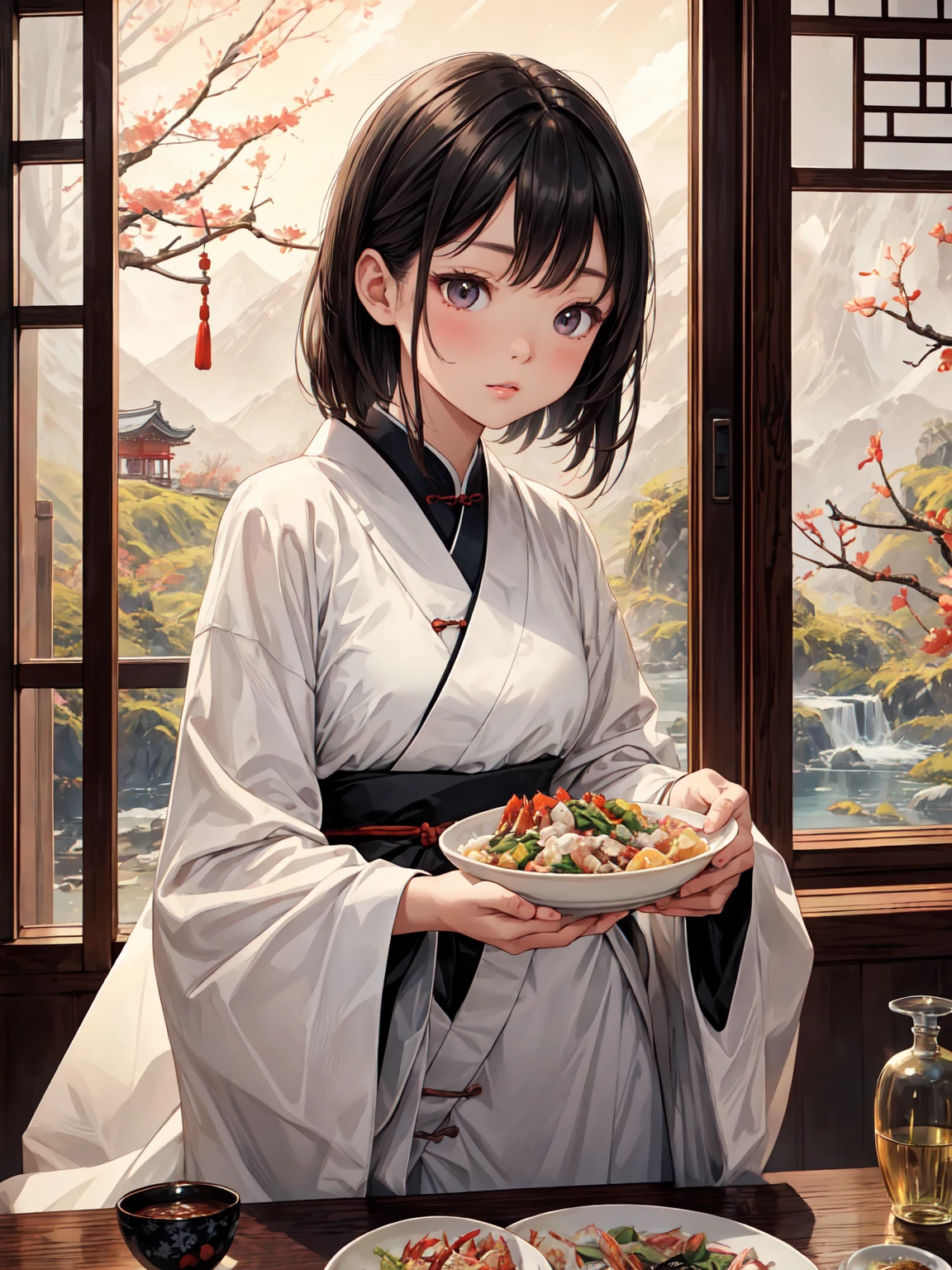 a young chinese girl eating her first japanese crab dish, tranquil expression, detailed facial features, beautiful detailed eyes, beautiful detailed lips, extremely detailed face, long eyelashes, high quality, 8k, photorealistic, vibrant colors, natural lighting, warm color tones, detailed textures, delicate, serene, peaceful, elegant, traditional japanese interior, wood elements, minimalist design, muted color palette
