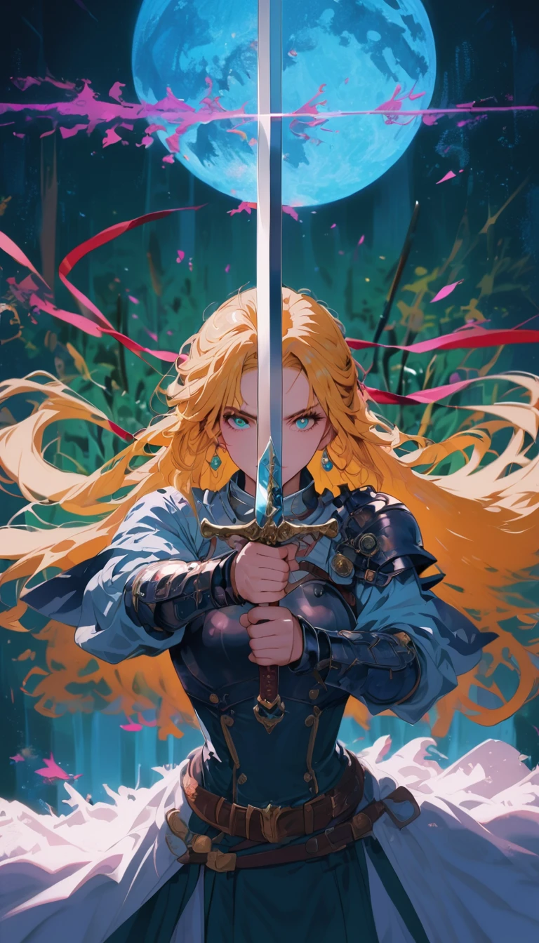 1 most beautiful woman, shining pupils, metal armor, Excalibur, earring, bijouterie, long hair, wind, moon, precision weapon, Detailed wording, Vivid color,