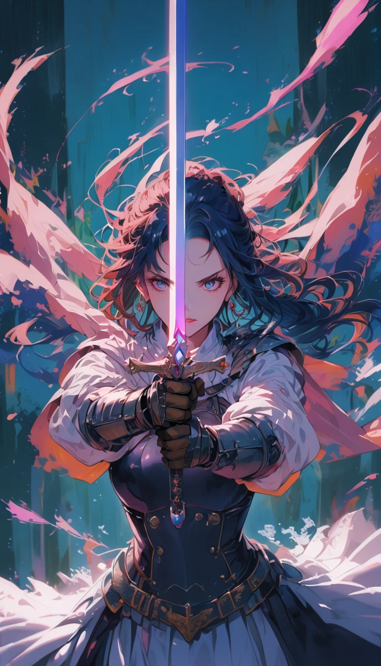 1 most beautiful woman, shining pupils, metal armor, Excalibur, earring, bijouterie, long hair, wind, moon, precision weapon, Detailed wording, Vivid color,