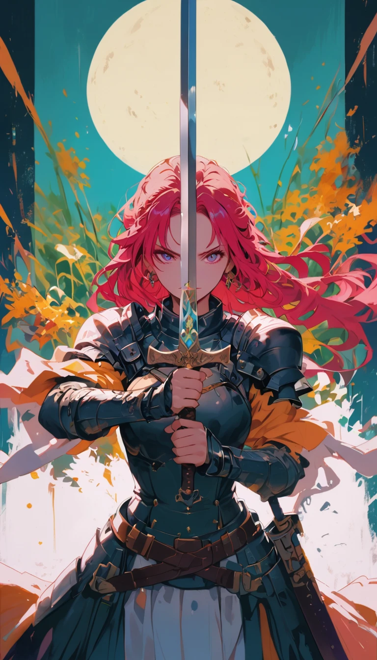 1 most beautiful woman, shining pupils, metal armor, Excalibur, earring, bijouterie, long hair, wind, moon, precision weapon, Detailed wording, Vivid color,