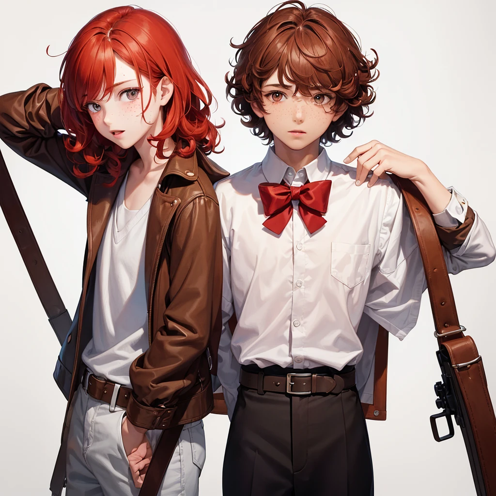 ((masterpiece)), (((Best quality))), illustration, schoolboy, Boy. bright skin, Brown eyes, freckles, Red hair, curly hair, Modern clothes, belt, (White background: 1.3) ,--6