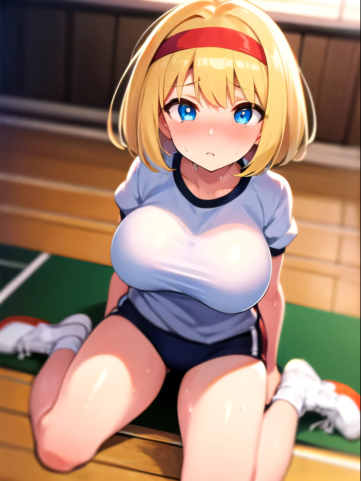 school gym, buruma, black buruma, (One girl), cute, (White short-sleeved gym uniform), (Red headband:1.3), shoes, Large breasts, (Sweat:1.2), ((nose blush)), Blonde, Bobcut, (wariza), (Place your hands between your legs), Blue Eyes, noon, indoor, (Shot from above), ((Highest quality)), ((masterpiece)), (detailed), Perfect Face, Perfect Arms, Perfect hands, Perfect Fingers, anime, Ultra-fine illustration,