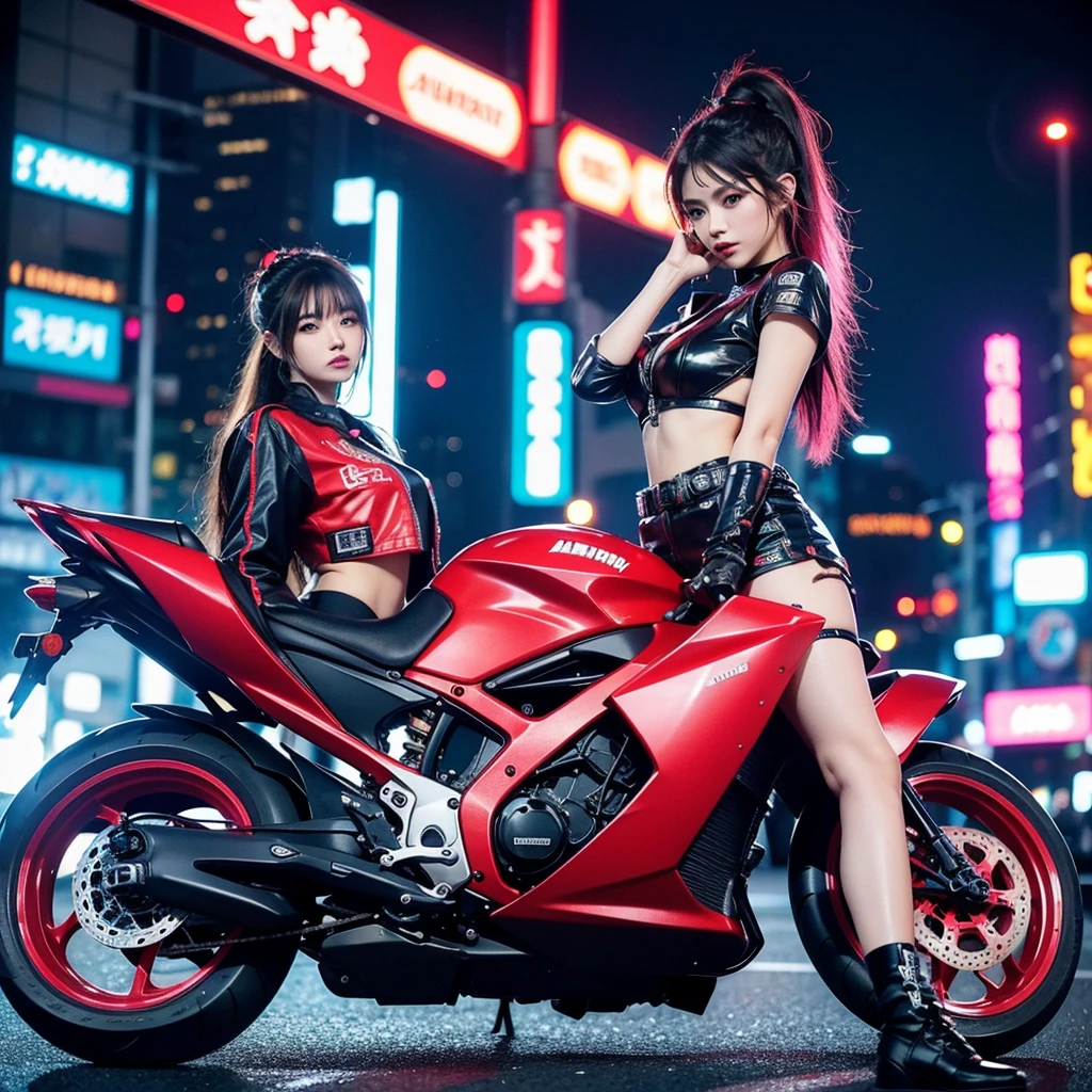 masterpiece, best quality, Confident cyberpunk girl, full body shot, ((standing in front of motorcycle)), Harajuku-inspired pop outfit, bold colors and patterns, eye-catching accessories, trendy and innovative hairstyle, vibrant makeup, Cyberpunk dazzling cityscape, skyscrapers, neon signs, LED lights, bright and vivid color scheme, anime, illustration, detailed skin texture, detailed cloth texture, beautiful detailed face, intricate details, ultra detailed.