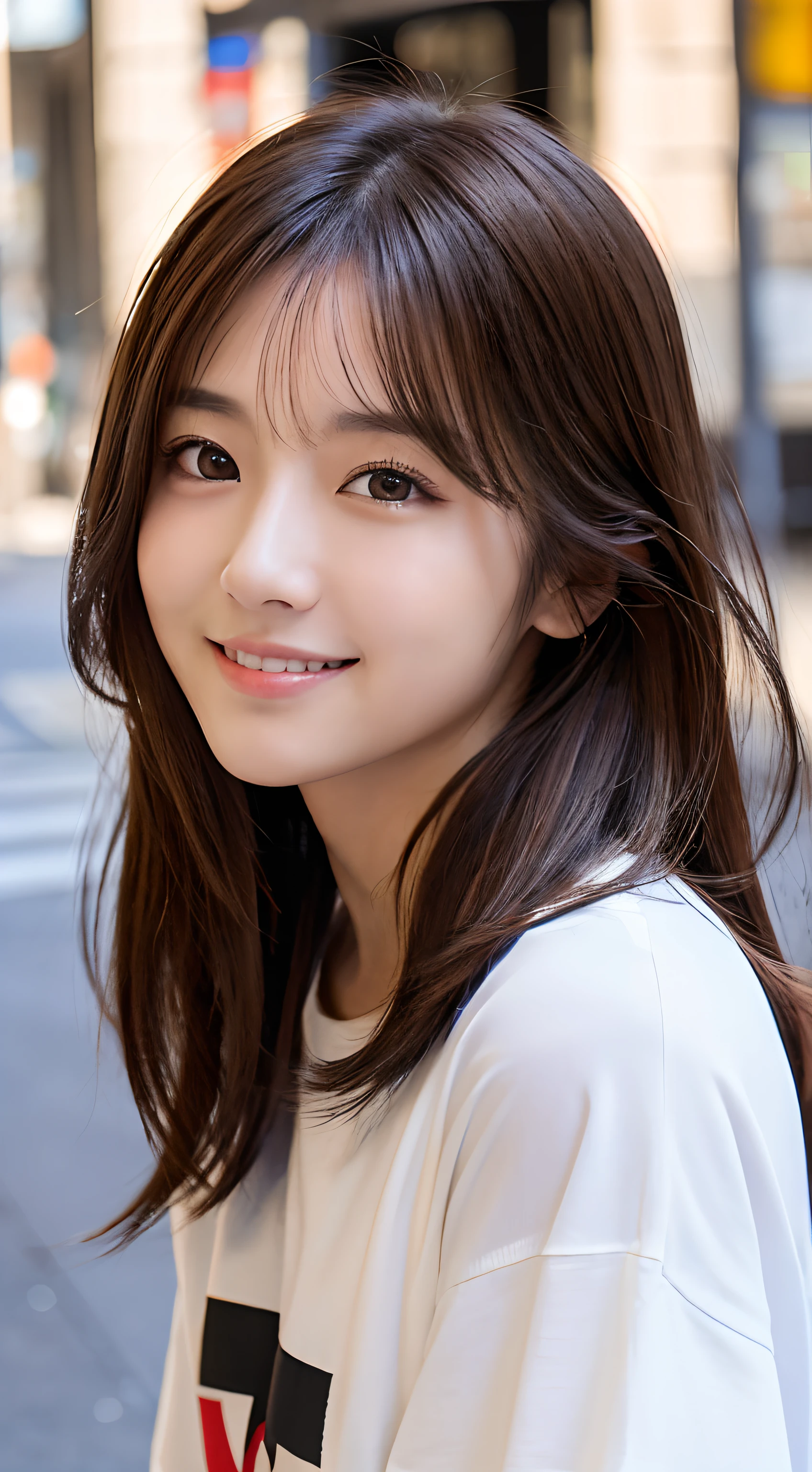 (Top quality,8K picture quality,masterpiece:1.3,),(Ultra-high resolution,Photorealistic:1.4,Original Photography),(Ultra Detailed,Smooth skin,Delicate skin),(Delicate face,Perfect anatomical structure,Caustics),1 girl,Kawaii,Japanese,22 years old,Japanese,Natural brown hair,Shoulder-length hair,beautiful eyes,Natural Makeup,Oversized T-shirt,a smile,Looking at the camera,Face,Face Focus,Street corner,Natural soft lighting,