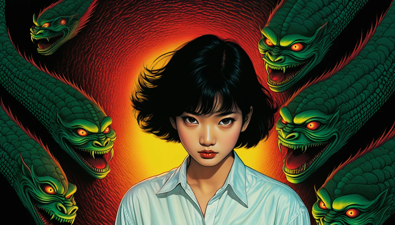 An illustration、art、80s Thai horror movie poster, Supervised by Junji Ito、(White Shirt:1.0)、evening、Attention to detail, Realistic Shadows、Analog Style, chromatic aberration, Surrealism、Complementary Gradient