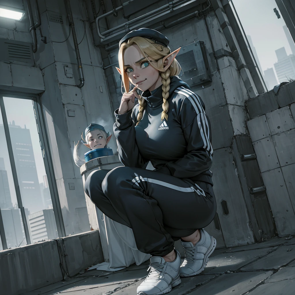 (masterpiece), (cinematic lighting), elf female, dmarci, (solo:1.8), adidas sport clothes, (adidas tracksuit pants), (tracksuit:1.2), big breasts, curvy body, squatting, winter, black flat leather driving cap, winter, industrial soviet apartment building on the background, looking at the camera, smirking, shot from beneath, depressed atmosphere