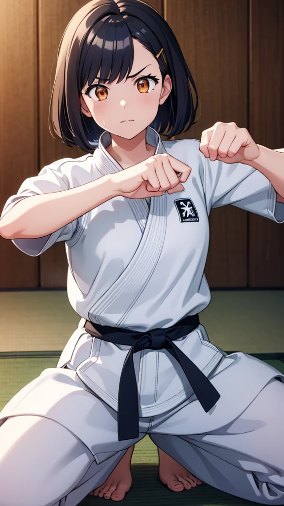 ((masterpiece, Highest quality, Very detailed, Very nice 8K CG wallpaper)), , A little thick, Medium Hair, Dark hair with a slight navy blue tint, short hair, dark orange eyes,judo player、長袖judo着、Large bust、ロングjudoパンツ、judo、Serious expression、Inside the judo Gymnasium、、On the tatami、discovery、One Girl、Combat Stance、A tough fight、Shiraishi Apricot、Bust Size D Cup、Clenched hands(punch:1.3)、Spread your legs、Sweating