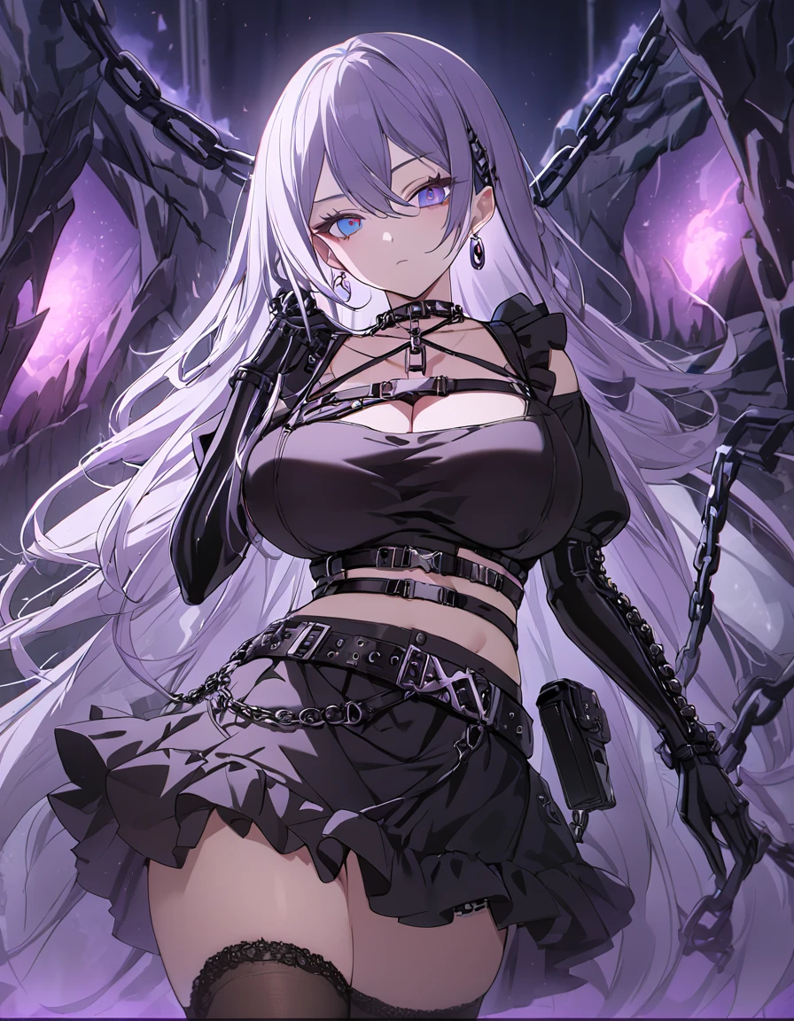 sovetsky_Soyuz, iridescent blue eyes, long black and purple hair, earrings, necklace, gothic style, webbed belt, tactical, pouches, chains, black maid outfit, black apron, weapon Holster, webbed belt, tactical, pouches, frilly skirt, metal gloves, black thigh highs, Long eyelashes, eye shadow, first rate breasts, large breasts, ominous vibe, expressionless, stoic, purple light glow, purple fire, shadowy, Ultra quality, UHD, high detail, anime aesthetic, Anime screenshot, Ultra quality, UHD, high detail