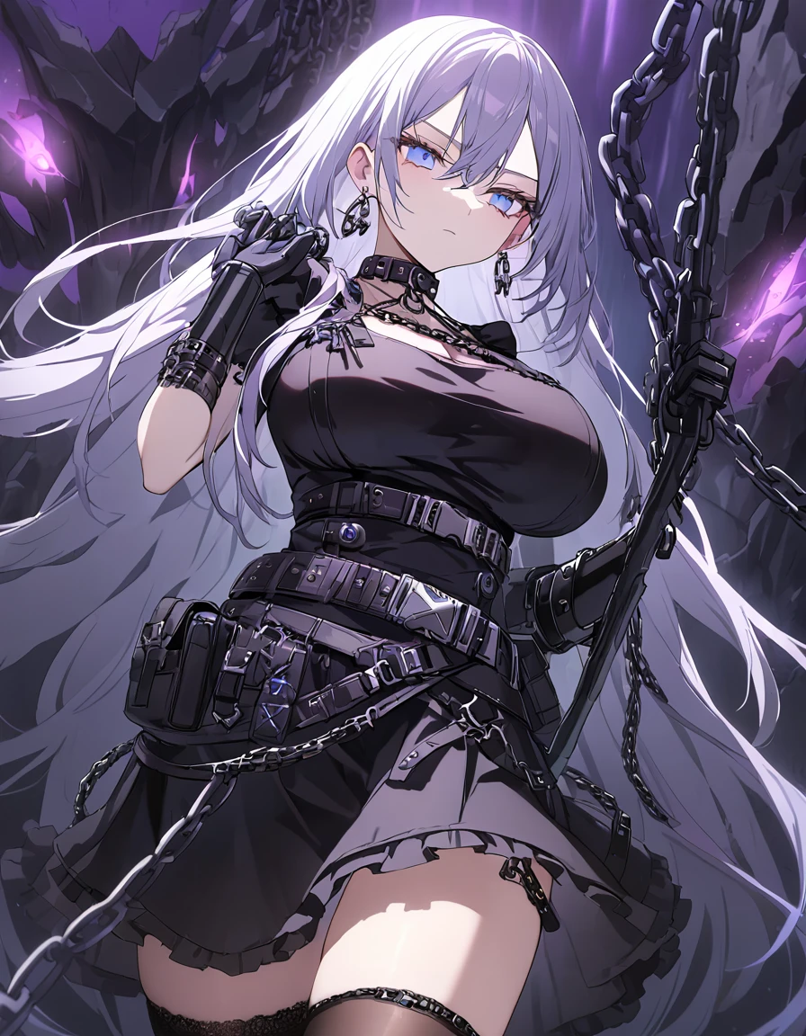 sovetsky_Soyuz, iridescent blue eyes, long black and purple hair, earrings, necklace, gothic style, webbed belt, tactical, pouches, chains, black maid outfit, black apron, weapon Holster, webbed belt, tactical, pouches, frilly skirt, metal gloves, black thigh highs, Long eyelashes, eye shadow, first rate breasts, large breasts, ominous vibe, expressionless, stoic, purple light glow, purple fire, shadowy, Ultra quality, UHD, high detail, anime aesthetic, Anime screenshot, Ultra quality, UHD, high detail