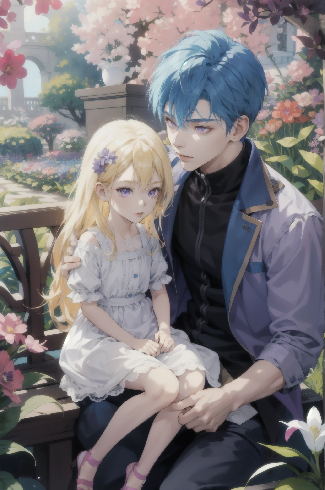 A boy kid with blue hair and purple eyes is sitting in a flower garden with a girl kid with blonde long hair and pink eyes.undefined, undefined, undefined,