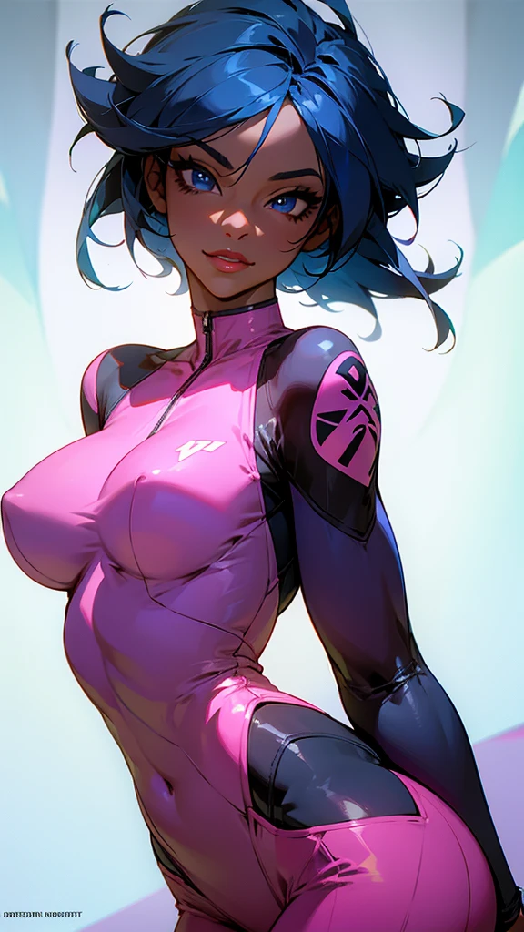 a darkskinned woman, 30 years old, short athletic body, tight waist, firm , perfect ass, very short blue hair, blue eyes, sensual lips, energetic, smile, love, beautiful detailed eyes, beautiful detailed lips, extremely detailed eyes and face, long eyelashes, photorealistic, 8k, hyperrealistic, masterpiece, digital painting, intricate details, realistic skin texture, vibrant colors, dramatic lighting, sporty poses, 168 cm long, tight dresses or bodygloves