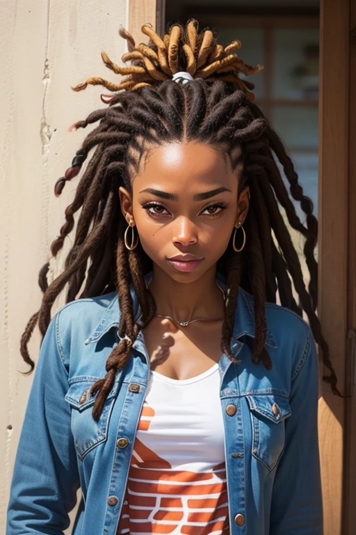 Une femme noire avec des dreads locks fines 30 ans en jean
