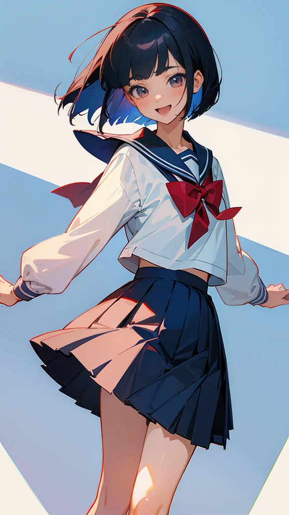1 girl,cute,cute,face,White long sleeve sailor uniform,pleated skirt,long skirt,dark blue skirt,red bow on front,black hair,bob cut,laugh out loud