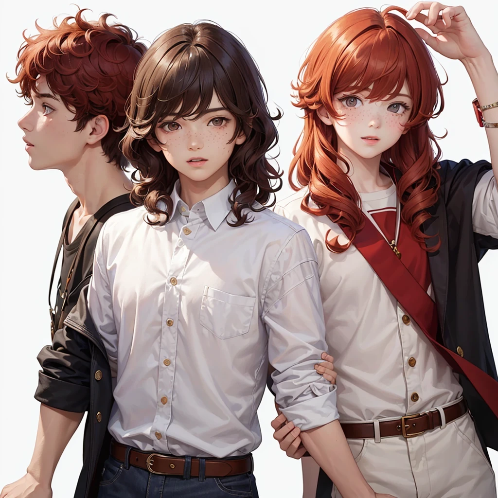 ((masterpiece)), (((Best quality))), illustration, schoolboy, Boy. bright skin, Brown eyes, freckles, Red hair, curly hair, Modern clothes, belt, (White background: 1.3) ,--6