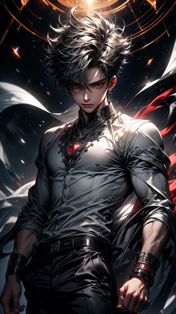 Masterpiece, best quality, high resolution, highly detailed, ung boy ( teen 18 years old), young handsome face, gery short hair ( light in the hair), black eyes ( glowing eyes ), cold expression ( cold look ), wearing white and white clothes and pants, , surrounded by the splendors of the universe, pay attention to stunning details, and achieve a resolution of k, floating in a dynamic pose, high quality, with a majestic grey aura of authority. Grey aura emanating from the character, cold look, devoid of any emotion, dark background, detailed eyes, detailed face, handsome, really short hair, facing camera, grey hair, ash grey hair, grey glowing ruby on center of chest clothes, ruby, orb