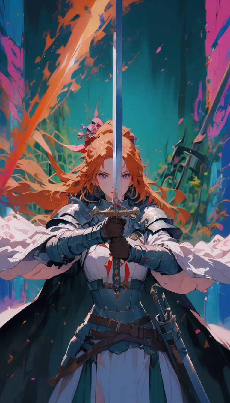 1 most beautiful woman, shining pupils, metal armor, Excalibur, earring, bijouterie, long hair, wind, moon, precision weapon, Detailed wording, Vivid color,
