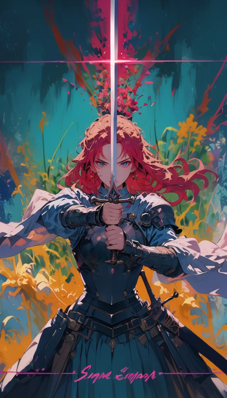 1 most beautiful woman, shining pupils, metal armor, Excalibur, earring, bijouterie, long hair, wind, moon, precision weapon, Detailed wording, Vivid color,