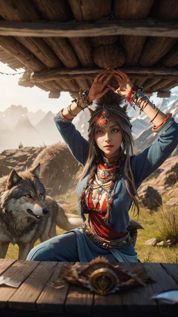 Create an enchanting image of a wise female character with the attributes of a wolf, including wolf-like teeth, piercing eyes, and the ability to communicate with the spirits of the wilderness, surrealism, wolfheart shaman.