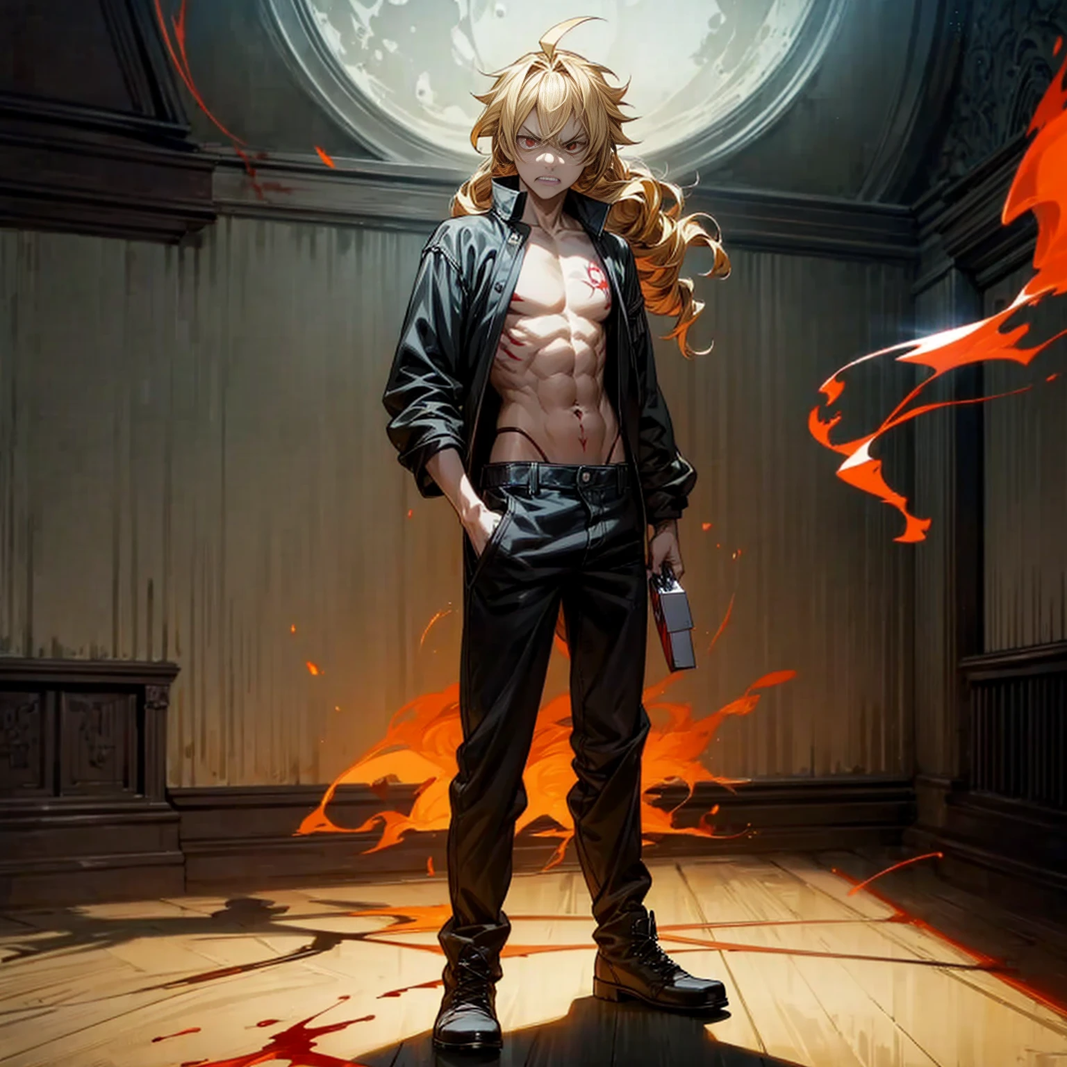 Solo character, full body version, old man, red eyes, blonde hair, long Curly hairstyle, casual clothing, topless, boots, muscle, detailed shadow, (death note style art), indoor room cathedral, dark, darkness room, angry eyes, very angry, red glowing eyes, shotgun in hand, smoke effect, fire, blood, glow effect, lighting, moon, Moonlight standing gesture, tatto body, open mouth