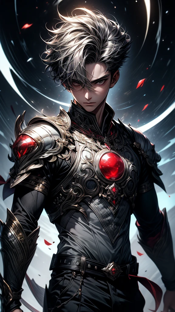 Masterpiece, best quality, high resolution, highly detailed, 1 young boy ( teenager 18 years old), young handsome face,  gery short hair ( light in the hair), black eyes ( glowing eyes ), cold expression ( cold look ), wearing white and white clothes and pants, , surrounded by the splendors of the universe, pay attention to stunning details, and achieve a resolution of k, floating in a dynamic pose, high quality, with a majestic grey aura of authority. Grey aura emanating from the character, cold look, devoid of any emotion, dark background, detailed eyes, detailed face, handsome, really short hair, facing camera, grey hair, ash grey hair, grey glowing ruby on center of chest clothes, ruby, orb, armour 