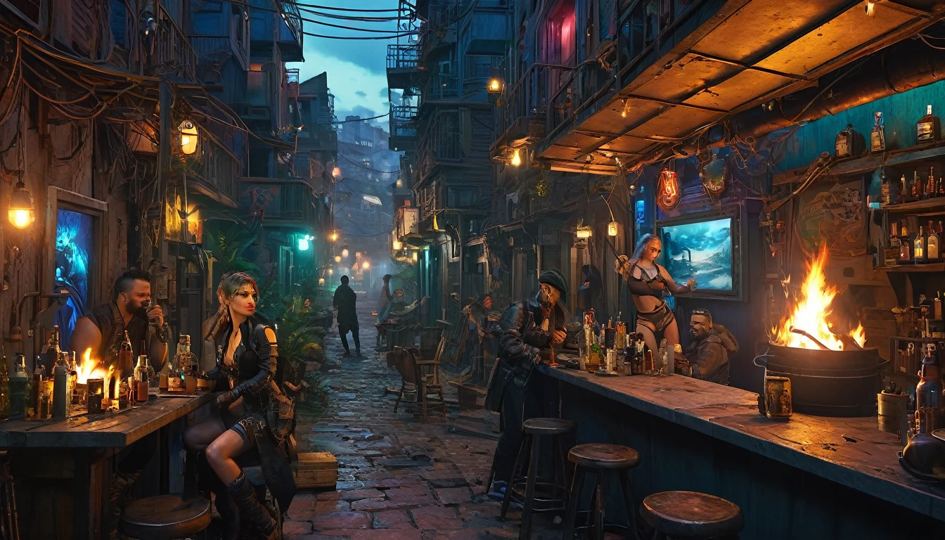 (best quality,4k,8k,highres,masterpiece:1.2),ultra-detailed,(realistic,photorealistic,photo-realistic:1.37) showing a Cyberpunk alley on a pirate island, (is dee Williams porn star with Riley Reed) in a gathering, watching a cat dance by a campfire, there are many drinks, in the style of William Adolphe Bouguereau
