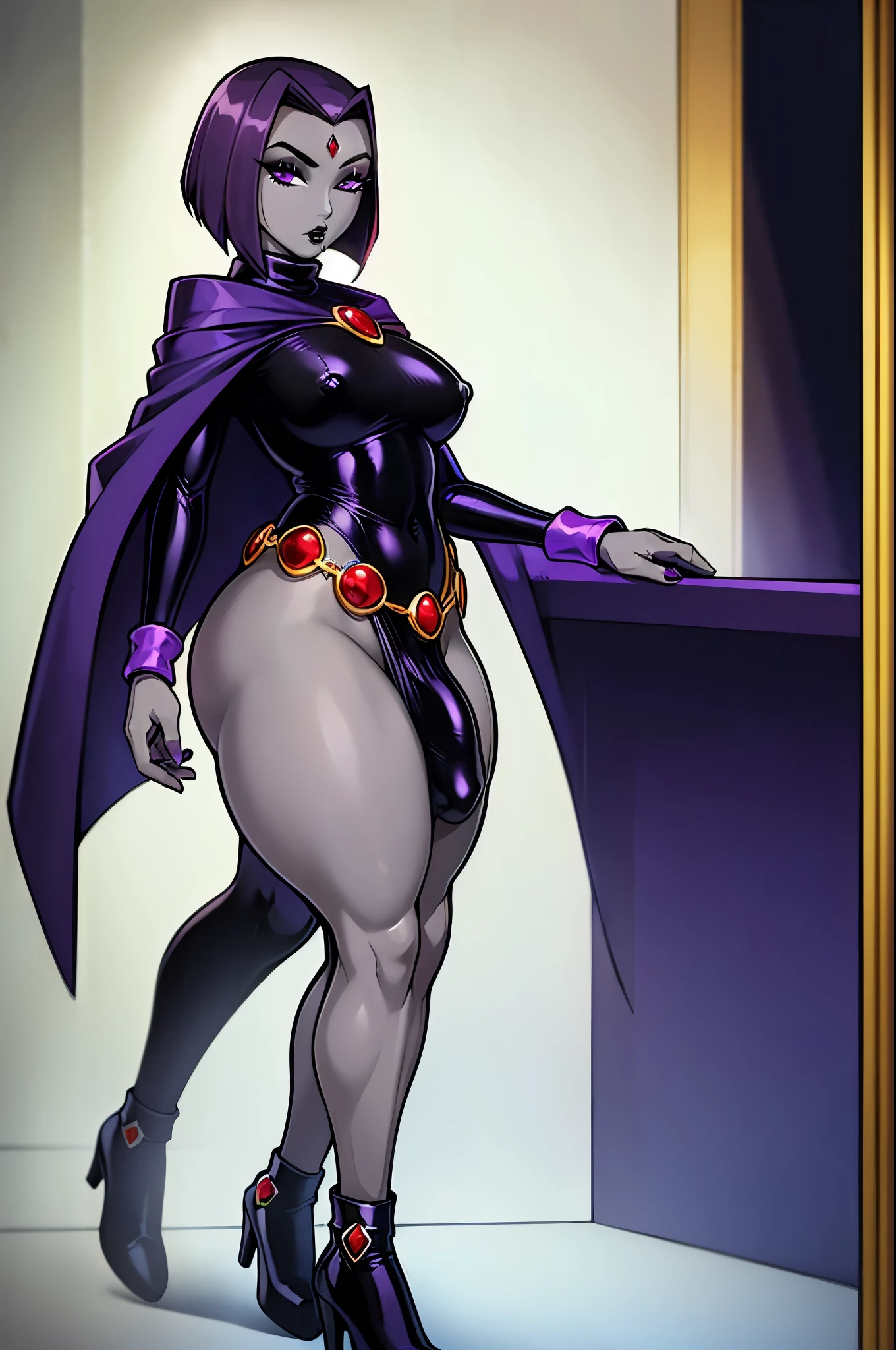 (solo:1.1),(masterpiece), (best quality:1.3), ultra detailed, intricate, professional art, digital art, absurdres, shadraven, (Full body view:1.1), 1girl, solo, (grey skin:1.4), dark purple hair, bob hair, dark purple eyes, hips wider than shoulders, pear shaped body, jewellery, detailed thighs, (thick thighs:1.3), red jewel in forehead, jewels, (long sleeved turtleneck leotard:1.4), (Red jewel Belt), (red jewel brooch), cuffs, small breasts, nipple bulge, (raven long dark purple cloak), (Shadraven brooch:1.2), Shadraven jewel belt, Shadraven wearing a long sleeved leotard, long legs, ( long thick veiny crotch bulge:1.4), large penis, large testicles, side view, looking at viewer, bubble butt , gluteal crease, universal lighting,
