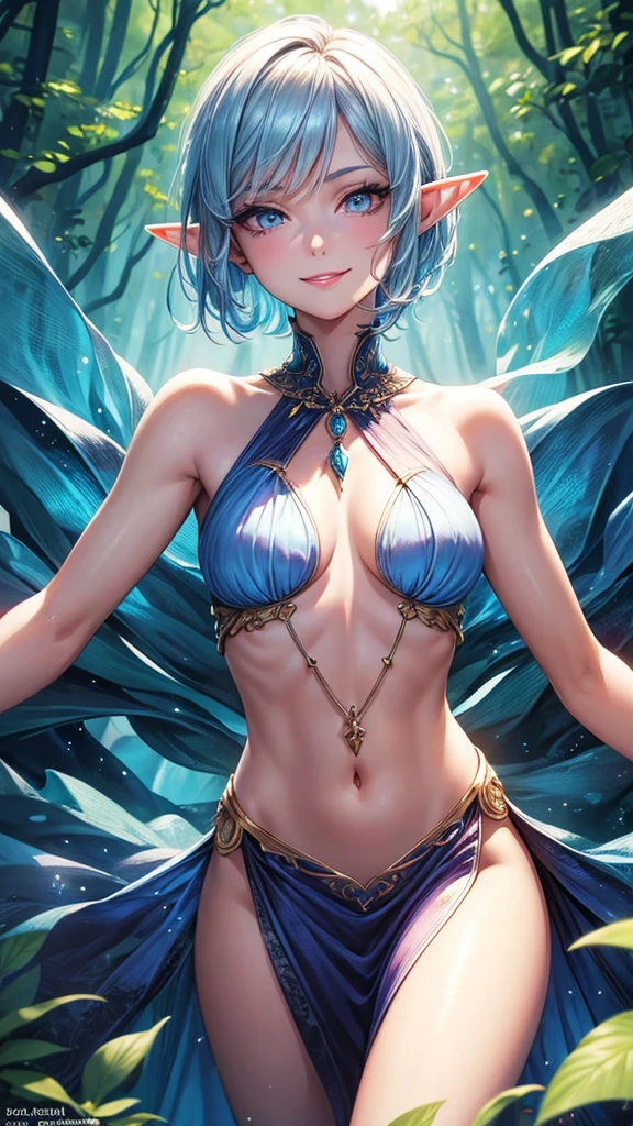High quality, perfect anatomy, detailed illustration style, model pose, elf, one female, solo, short hair, colorful hair, topaz blue eyes, pendant eyes, glossy red lips, smiling, closed mouth, small breasts, halter neck sleeveless dress with transparent slit, abstract forest background