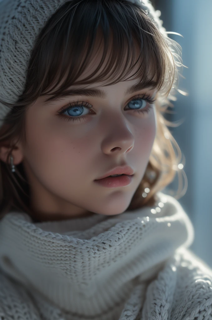 16 years old Meg Ryan, ultra-detailed Nordic eyes, ((bangs)), knit sweater, winter snow, (((masterpiece, ultra-detailed face))).