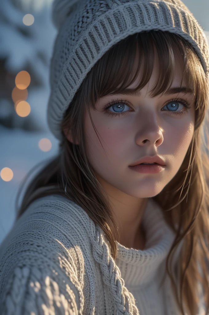 16 years old Meg Ryan, ultra-detailed Nordic eyes, ((bangs)), knit sweater, winter snow, (((masterpiece, ultra-detailed face))).