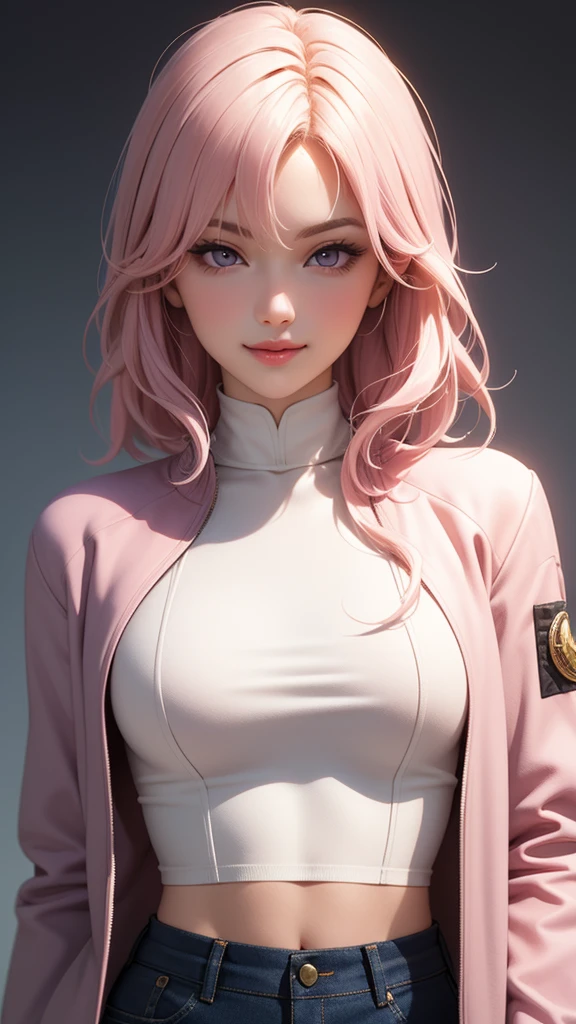 (masterpiece, best quality), intricate details, thin, ((slim)), beautiful girl, Light pink hair, white skin, light purple eyes, sharp jawline, cropped jacket, messy hair, lips, upper body, smirk