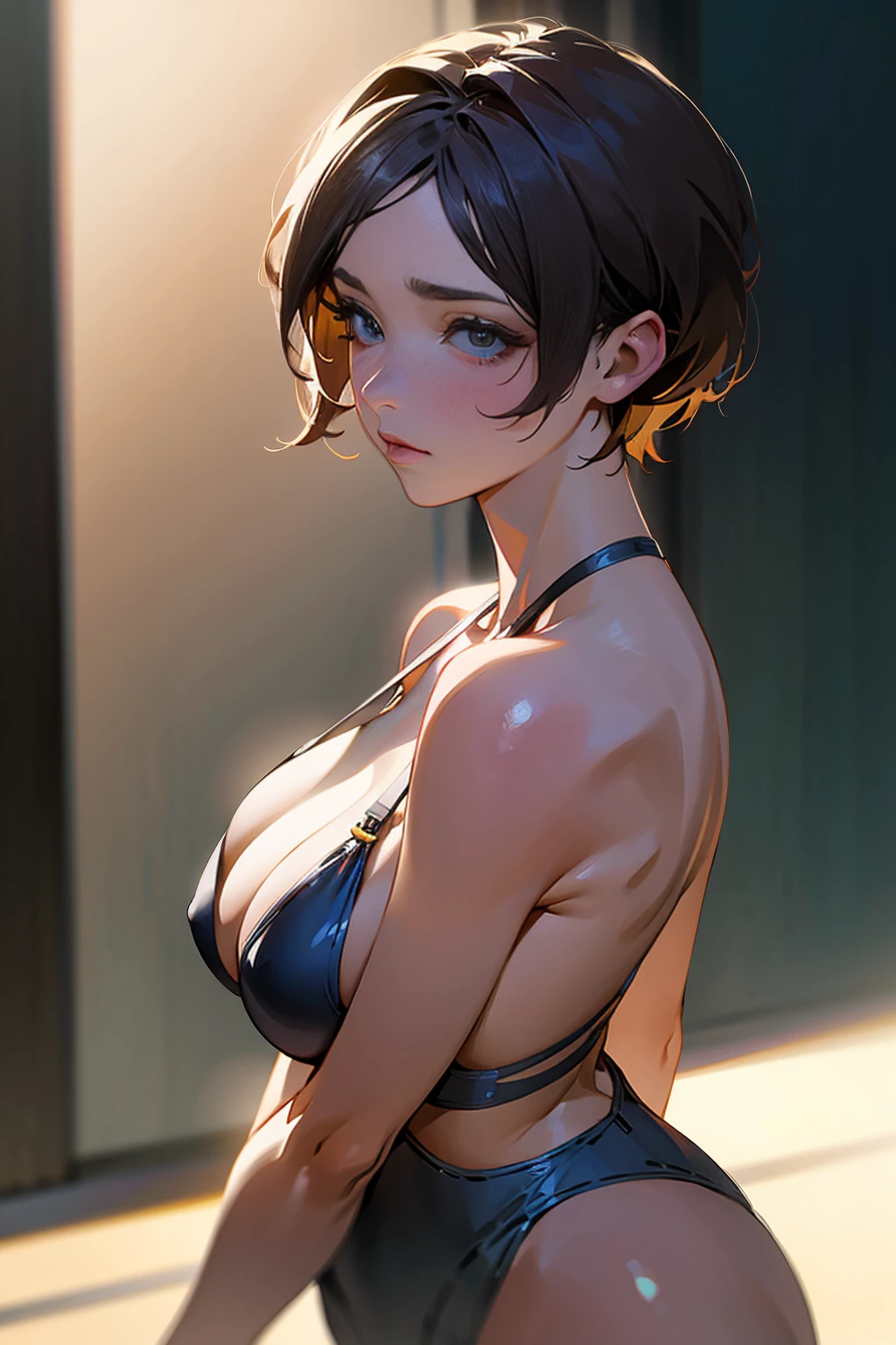 1 woman, standing, swimsuit, front view, close-up, bright lighting, indoor, plain background, neutral expression, athletic build, short hair, (best quality,4k,8k,highres,masterpiece:1.2),ultra-detailed,(realistic,photorealistic,photo-realistic:1.37),HDR,UHD,studio lighting,ultra-fine painting,sharp focus,physically-based rendering,extreme detail description,professional,vivid colors,bokeh,portrait,photography,natural lighting,warm colors