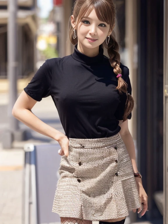 bokeh, masterpiece, analog photo, RAW, beautiful high school girl, Stewardess uniform, Light brown long hair, Light brown beautiful eyes, Blushed face, (Japanese idol:1.5), Plump breast, Stewardes, Looking at the viewer, cowboy shot, sundown Street, ((flare skirt))、((Huge fishnet stockings))、Half Twin Hair、Twin tails、Bun Hair、(Gal Makeup)、(((Zukkyun pose)))、Braid、((Keiko Kitagawa))、((sexy))