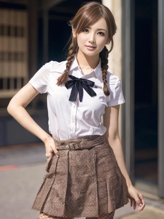 bokeh, masterpiece, analog photo, RAW, beautiful high school girl, Stewardess uniform, Light brown long hair, Light brown beautiful eyes, Blushed face, (Japanese idol:1.5), Plump breast, Stewardes, Looking at the viewer, cowboy shot, sundown Street, ((flare skirt))、((Huge fishnet stockings))、Half Twin Hair、Twin tails、Bun Hair、(Gal Makeup)、(((Zukkyun pose)))、Braid、((Keiko Kitagawa))、((sexy))