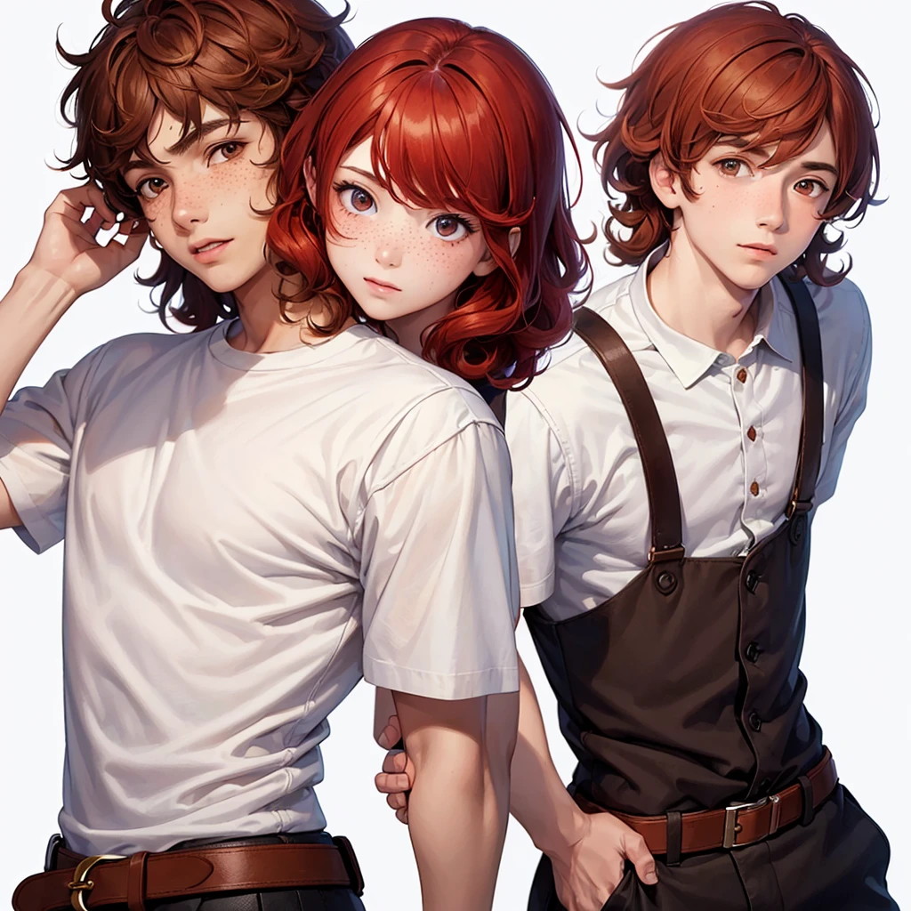 ((masterpiece)), (((Best quality))), illustration, Boy, bright skin, Brown eyes, freckles, Red hair, curly hair, school clothes, belt, (White background: 1.3) ,--6