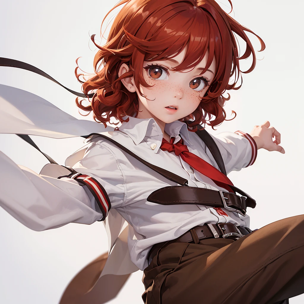 ((masterpiece)), (((Best quality))), illustration, Boy, bright skin, Brown eyes, freckles, Red hair, curly hair, school clothes, belt, (White background: 1.3) ,--6
