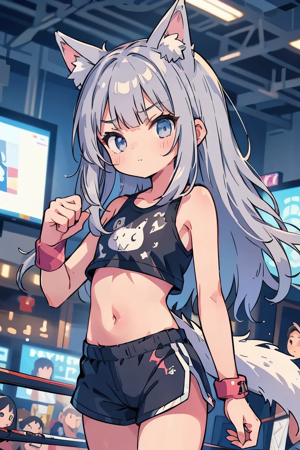 boxing、Teenage Girls、Young、、belly button、stomach、Shorts、Serious expression、(Closed Mouth:1.1)、Silver Hair、Animal Ears、Tail of the beast