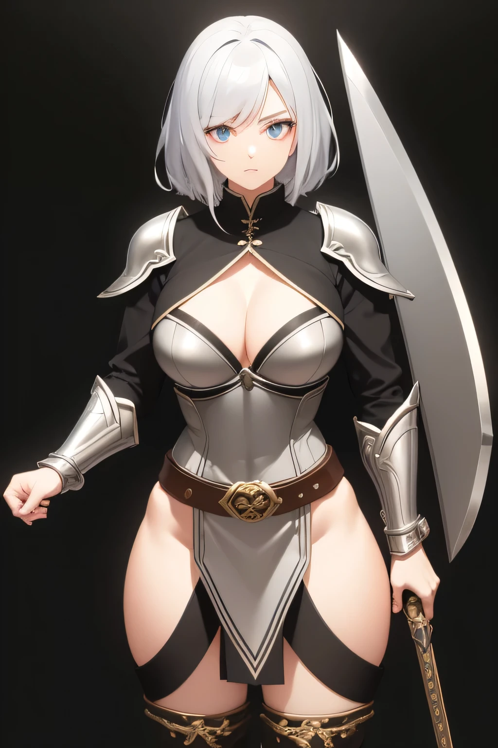 Fantasy RPG character, 26-year-old woman, warrior, swordsman, well-trained body, long sword, silver armor, silver mail, large shield, ((anime)), ((best qualtiy, 8K, tmasterpiece:1.3)), Focus:1.2, perfect figure beautiful woman:1.4, 1woman, cowboy shot, look at viewer, eyes facing the camera, incredibly absurd, beautiful and cute woman, showcasing top-quality craftsmanship, cute, neat,pretty, black background