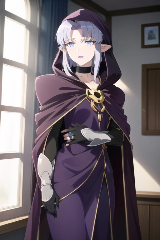 (masterpiece, sidelighting, finely detailed beautiful eyes: 1.2), glowing eyes, shiny hair, MedeaRobe, cloak, gloves, MedeaCas, blue eyes, purple lips, pointy ears, choker, cloak, jewelry, magic, ring, robe, solo, room, window