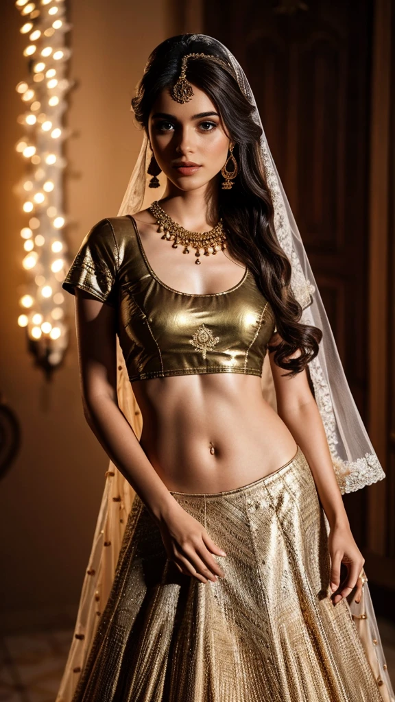 4K, UHD, masterpeice, indian girl, romantic face, detailed eyes, detailed lips, very long hair, straight hair, very long hair, beautiful hair, hair ornaments, hairband, gradient hair, ((bronze swimsuit )), ((bridal lehenga)), ((decorated blouse)), sardine, (( lehenga)), ((lace)), ornaments, necklace, earring, high lighting, ((bare stomach)), wedding stage, fujicolor, depth of field, ray tracing, ultra realistic detail,