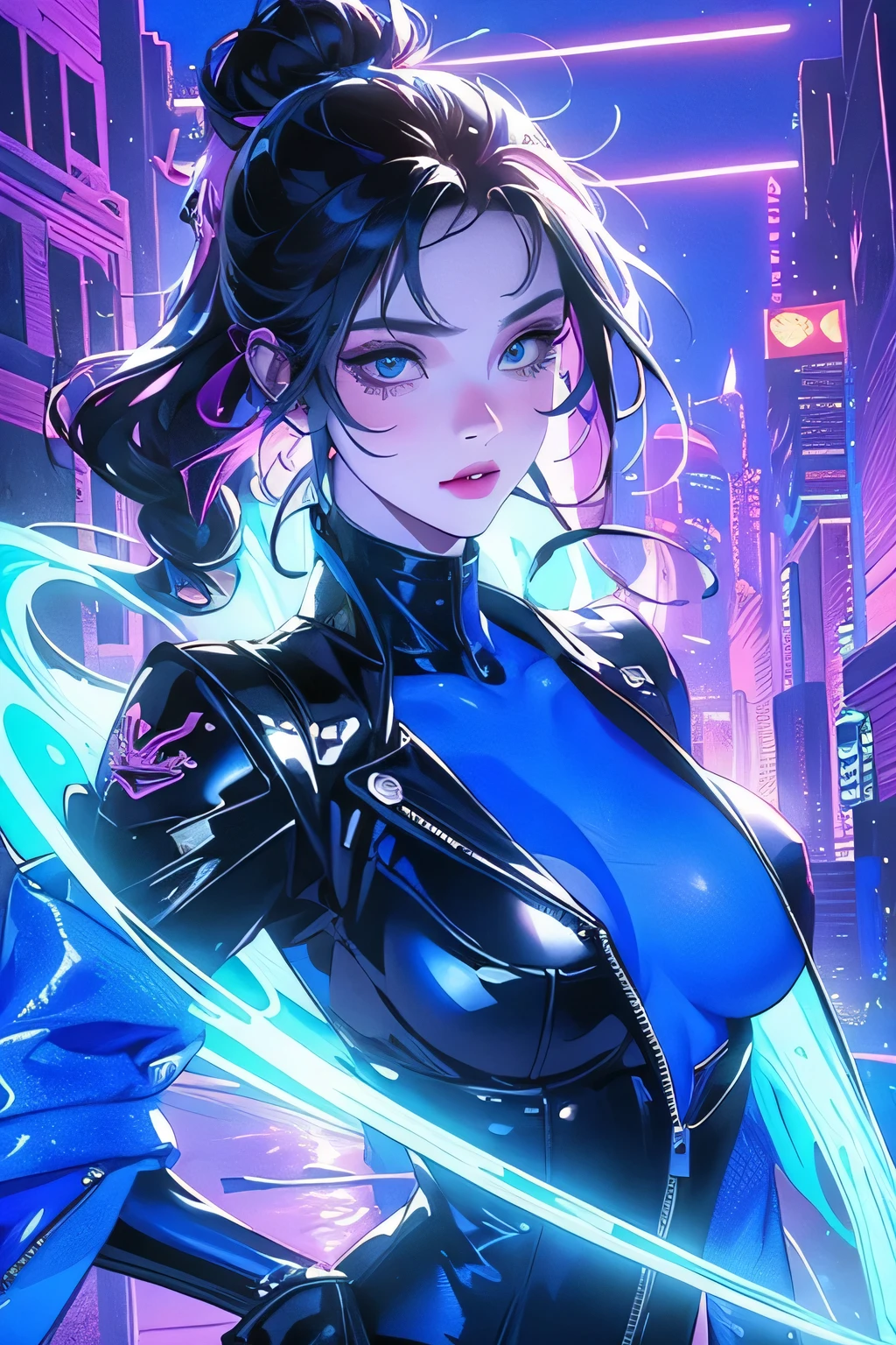 (very detailed wallpaper), (best quality), (masterpiece), photographic reality, realistic, very detailed illustrations, beautiful eyes, (delicate face), perfect detail, (best lighting), (super complex details), ultra-detailed, 4K unified, (super detailed CG: 1.2), (8K: 1.2), realistic, Facing the audience, Masterpiece, Top quality, Best quality, offcial art, Beautiful and aesthetic:1.2, (Blue-violet Neon Lighting), (Vibrant glow), Dynamic colors, Striking contrast, futuristic vibe, electric energy, (Cityscape:1.3), offical wallpaper, beautiful asian woman, purple eyes, black hair, messy bun hair, pale skin, big breasts, wearing leather dress, on futuristic motorcycle