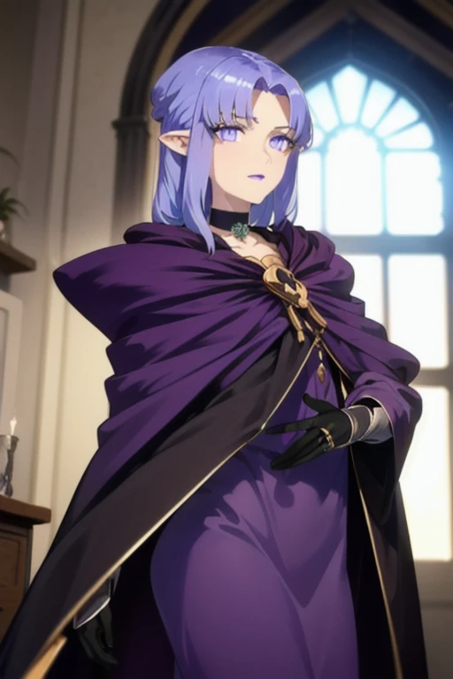 (masterpiece, sidelighting, finely detailed beautiful eyes: 1.2), glowing eyes, shiny hair, MedeaRobe, cloak, gloves, MedeaCas, blue eyes, purple lips, pointy ears, choker, cloak, jewelry, magic, ring, robe, solo, room, window