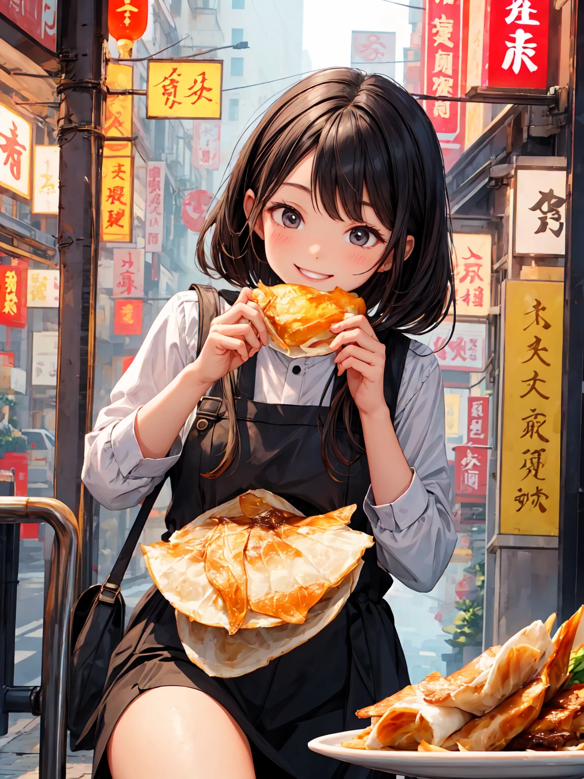 Smiling Chinese girl eating Peking duck,