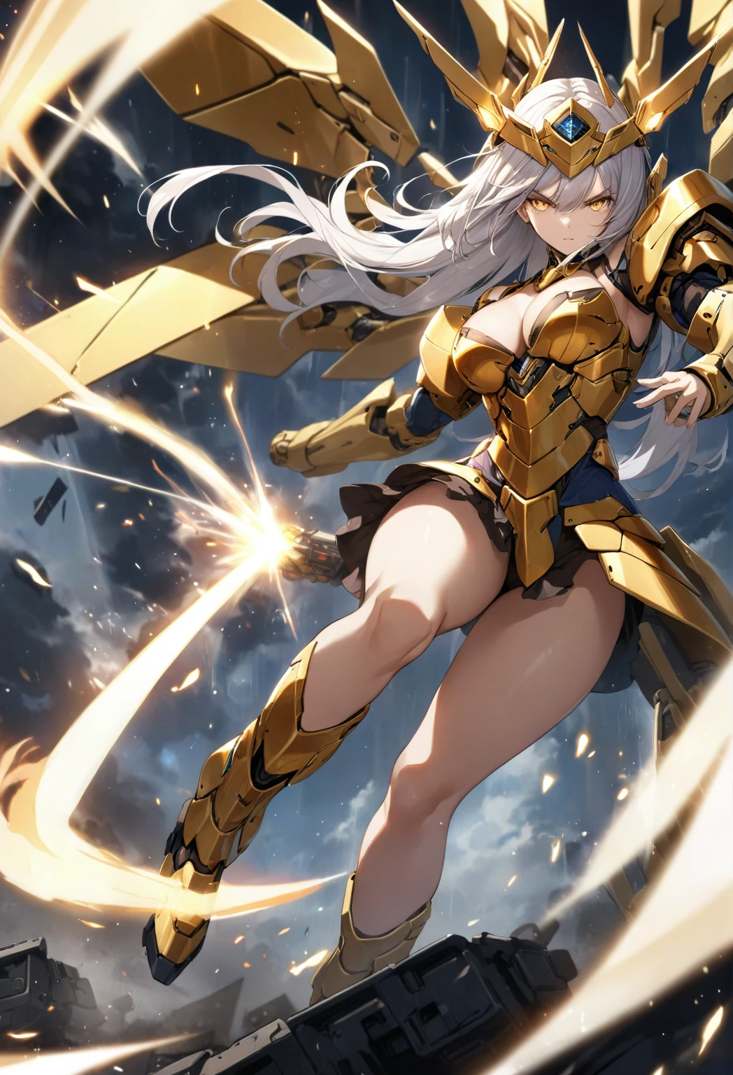 score_9_up, score_8_up, score_7_up, source_anime,masterpiece, best quality, high resolution, extremely detailed CG, absurdres, highres, 1girl, solo, a mecha girl in golden armor with glowing mecha_wings fights at battlefield, ((body surrounded by yellow Battle Aura and lighting)), wings of light, long hair, white_hair, glaring, , thighs, off-shoulder, (((Shining Armor, glittering Armor))),((mecha wings)), headgear, flying, blue sky, full body, from below, Futuristic, ((aura,Battle Aura, lighting),good_hands