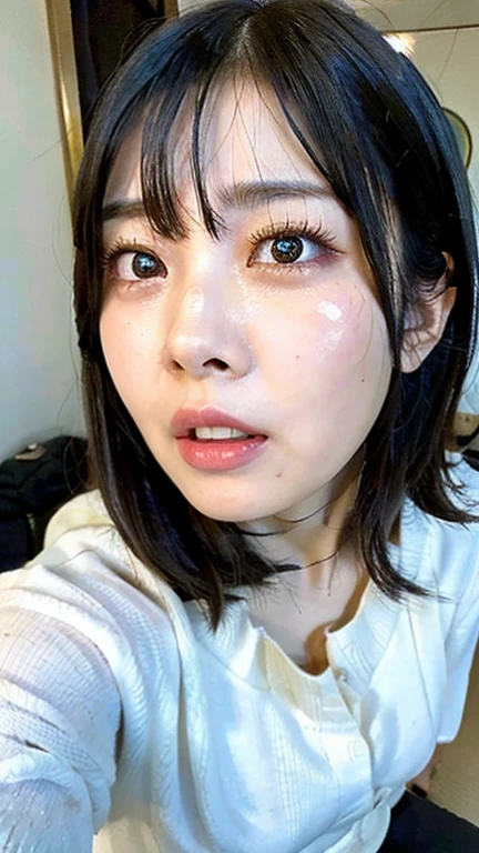 (Highest quality,masterpiece:1.3,Ultra-high resolution),(Very detailed,Caustics,8k),(Realistic:1.4,RAW shooting),(A girl with puffed cheeks and a displeased expression),Bedroom,Sit on the bed,look forward to,18-year-old,Japanese,cute,Black short hair,Watery eye,Shining Tears,Upward glance,Looking into the camera,sweater,big ,Face Focus,Face close-up,Bust up shot,(High position),(High Angle),Natural light,Angle from below,View of the ceiling from below,Spotlight on your nostrils,Nose hook,White teeth,