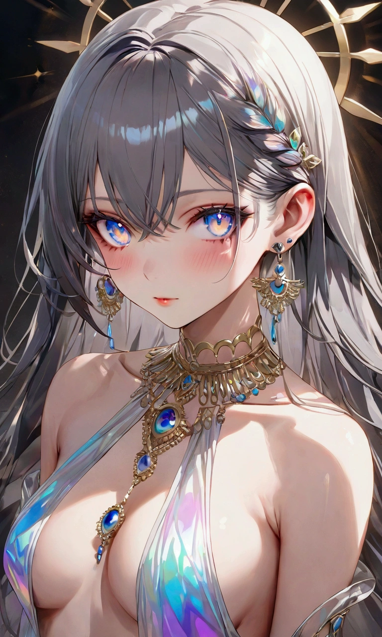 A young woman with long smooth dark grey hair, iridescent eyes, fair skin tone, (detailed body), (detailed eyes) (masterpiece), (best quality), (ultra-detailed)