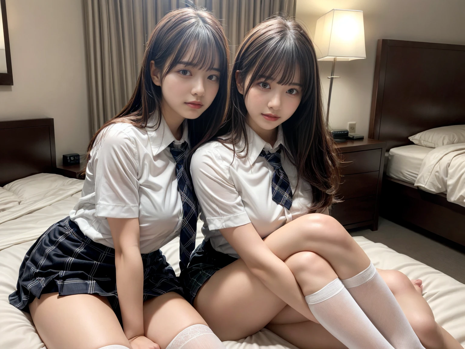 masterpiece, best quality, illustration, Super detailed, fine details, High resolution, 8K,wall paper, perfect dynamic composition,(Details High quality, realistic depiction of eyes:1.3), (3 girls), (white school shirt :1.2), (plaid skirt :1.3), tie black, black thigh-high stockings, sitting, open legs, short bob hair, in a hotel room in the background, deep on field, large breasts, black hair color, Big Natural Color Lip, (perfect body shape), crying a little、Harajuku style、20 year old girl、cute type、beautiful legs, Gravure Idol
